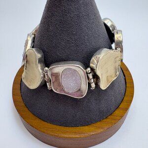 VTG Two Tone Sterling Silver 925 Slab Druzy Abstract Chain Bracelet 7.5" Length